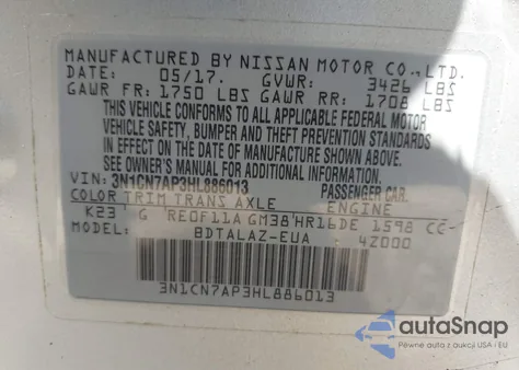 2017 Nissan Versa 1.6 S+ from USA, damaged, VIN 3N1CN7AP3HL886013